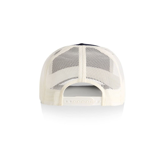 A trucker cap in navy and off-white with a mesh back and adjustable strap.