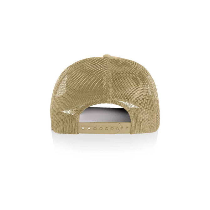 A khaki trucker cap featuring a mesh back and an adjustable strap. It includes a logo on the side.