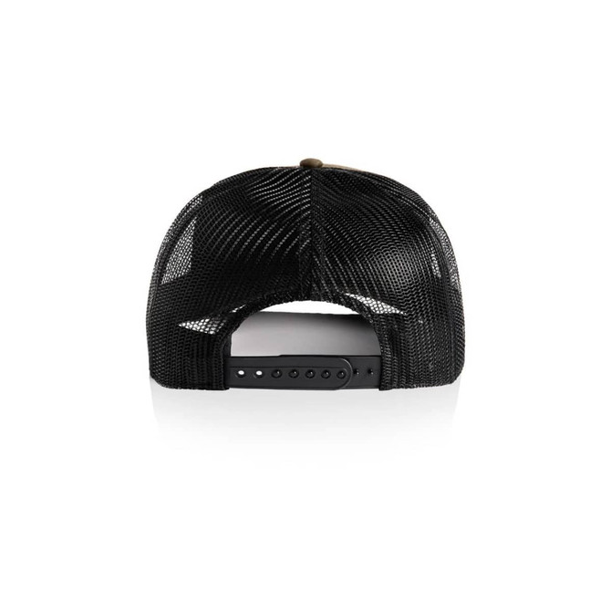 A black mesh trucker cap featuring a snapback closure at the rear.