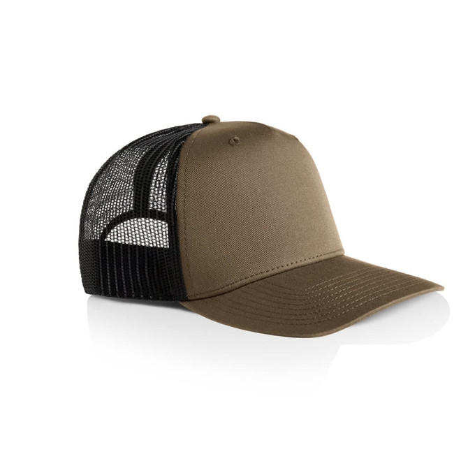 A brown trucker cap with a black mesh back and a curved peak, featuring a logo on the front.