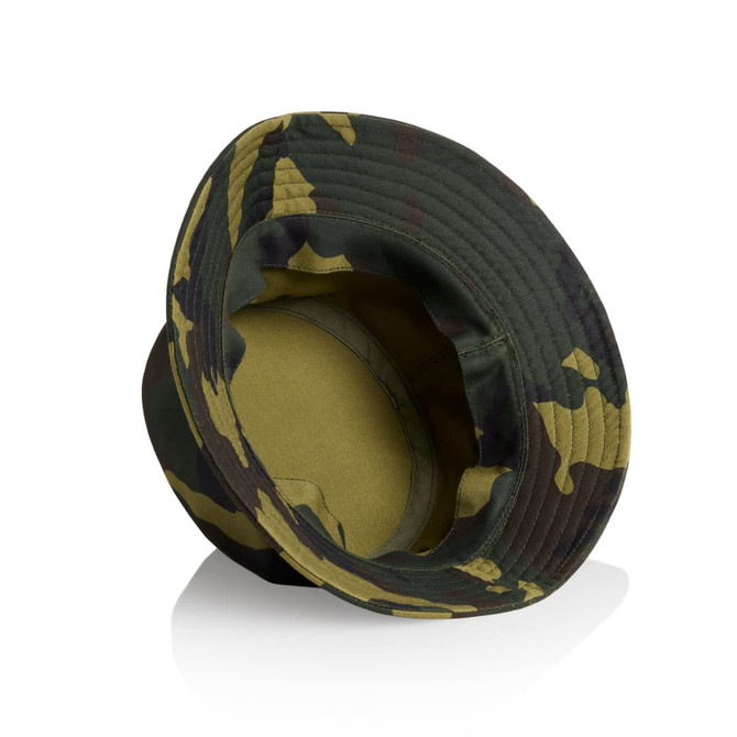 A camo bucket hat featuring green and brown patterns, with a wide brim and a soft interior.