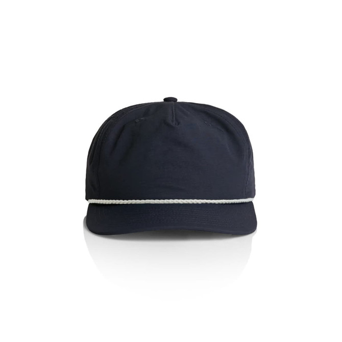 A navy cap featuring a decorative rope band and a logo on the front.