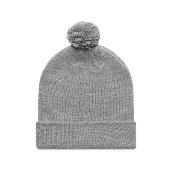 A grey beanie with a pom pom on top, featuring a fold-over cuff and a simple design.