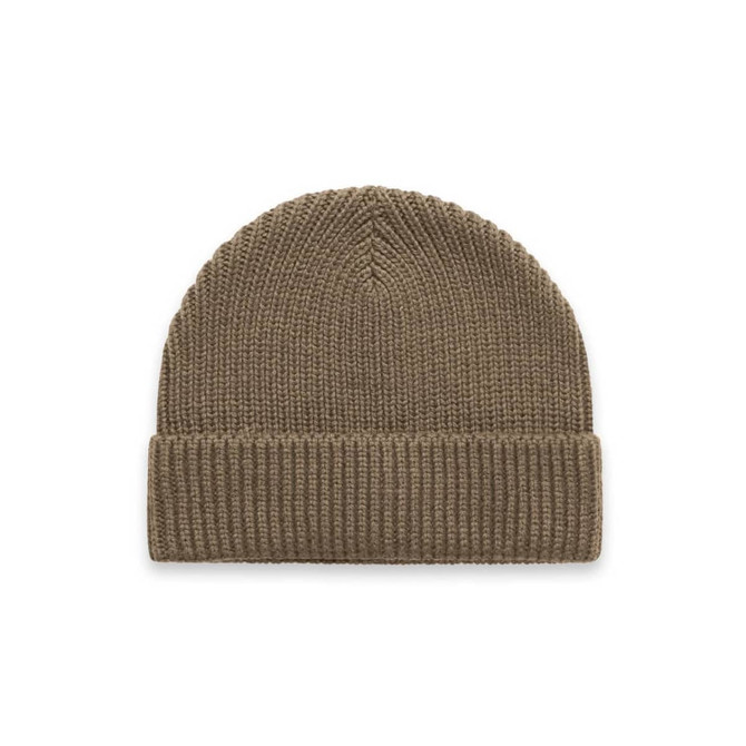 A brown knitted beanie with a ribbed cuff and a smooth top, featuring a logo on the side.