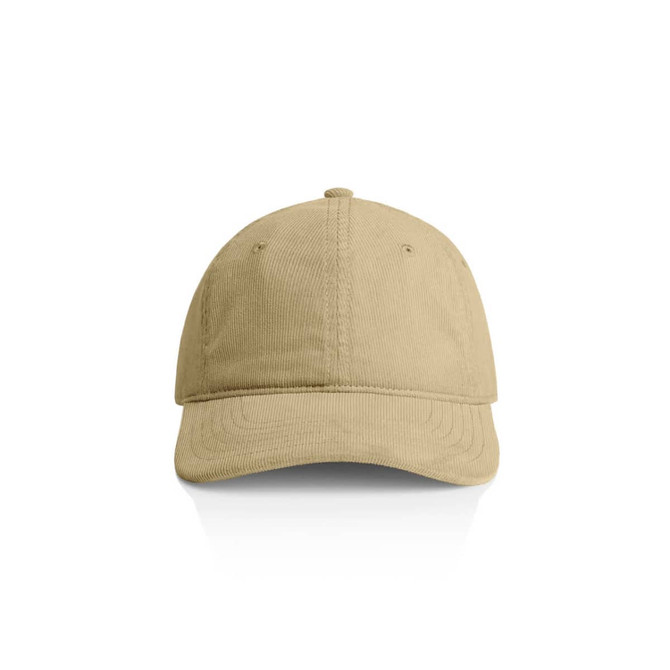 A light brown cord cap with a curved brim, featuring a simple design and a logo on the front.