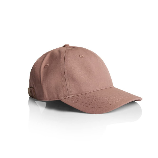 A beige cap with a curved brim and an adjustable strap, featuring a logo on the side.