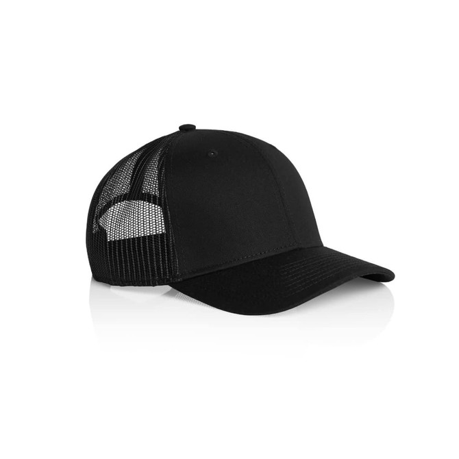 A black trucker cap featuring a mesh back and a solid front panel, including a branding logo.