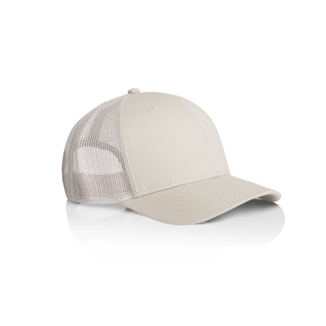 A beige trucker cap with a solid front and mesh back, featuring a logo on the front.
