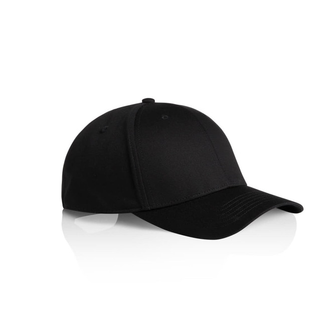A black flex cap with a curved brim and a fitted design, featuring a logo on the front.