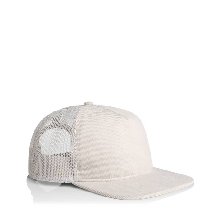 A beige trucker cap with a mesh back and a rounded brim. It features a logo on the front.