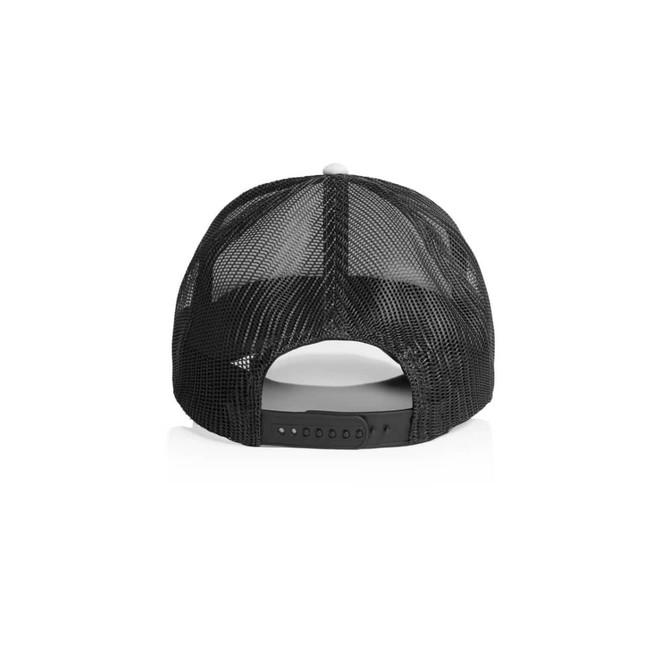 A black two-tone trucker cap featuring a mesh back and an adjustable snap closure.