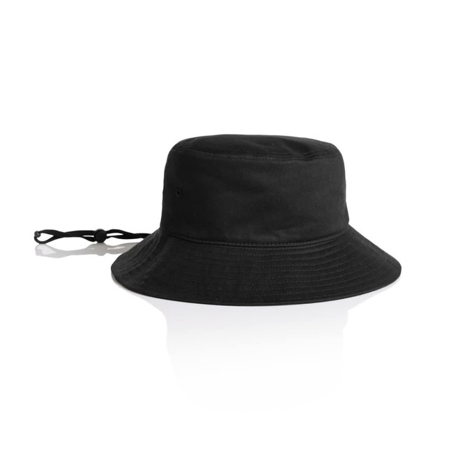 A black wide brim bucket hat featuring a chin strap and a logo on the side.