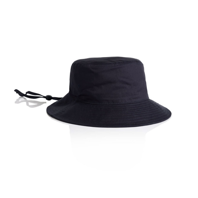 A wide-brim bucket hat in black, featuring a drawstring for adjustable fit and a simple design.