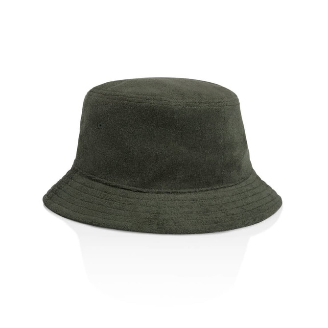 A green Terry Bucket Hat with a wide brim and soft texture, featuring a simple design and a logo.