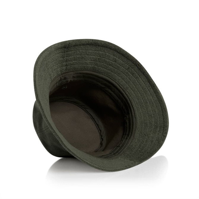 An olive green Terry Bucket Hat with a wide brim and a textured interior, featuring a logo inside.