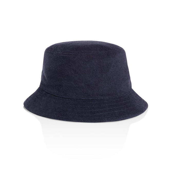 A navy terry bucket hat with a wide brim and soft texture, featuring a logo on the side.