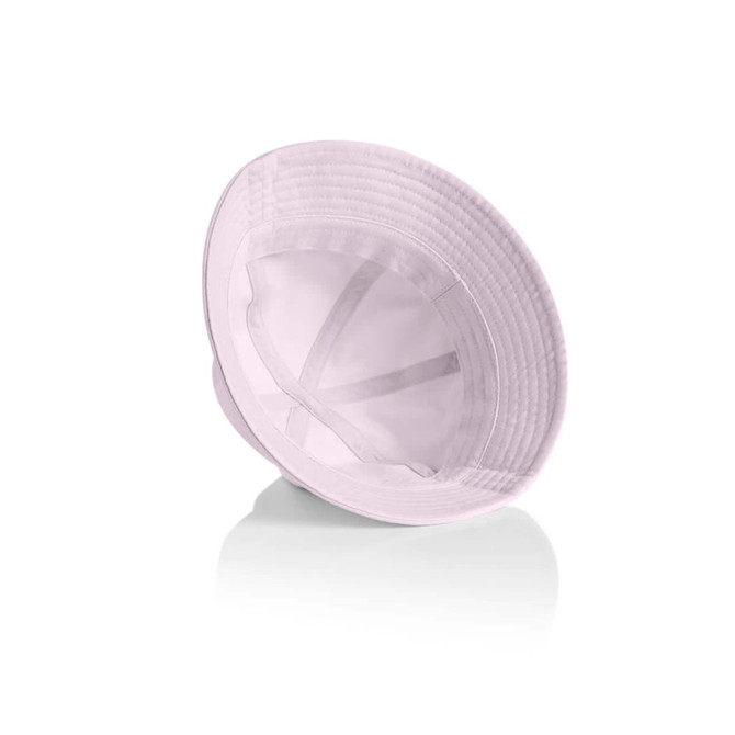 A light purple brim bucket hat with a textured interior and a logo on the side.