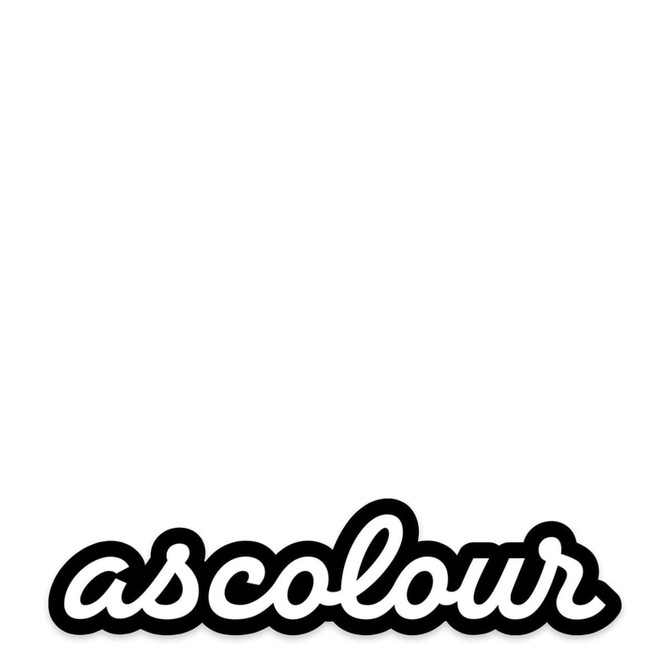 A black and white script sticker featuring the word "ascolour" in a playful, cursive font.