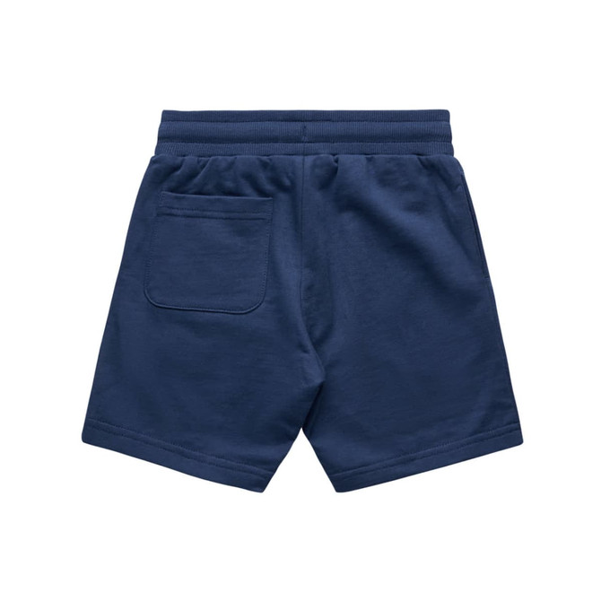Navy blue sports shorts featuring a back pocket and an elastic waistband. The shorts have a simple design with a logo.