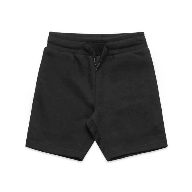 Black youth stadium shorts with an elastic waistband and drawstring, featuring a simple, minimalist design.