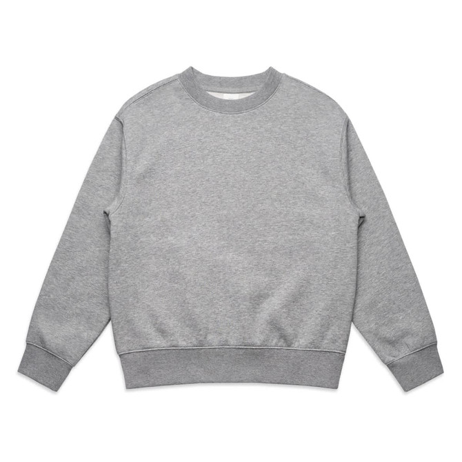 A grey jumper with a relaxed crew neck design and long sleeves. It features a branded logo.