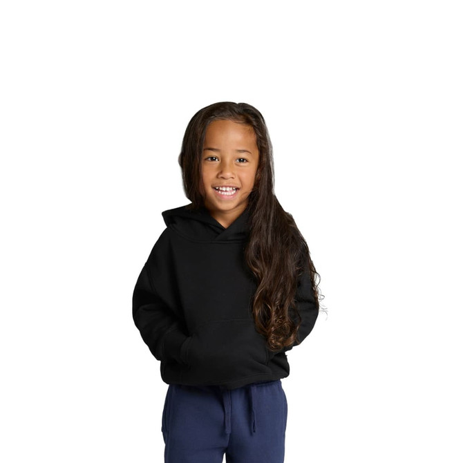 A child in a black hoodie smiles, featuring a kangaroo pocket and a relaxed fit, paired with navy pants.