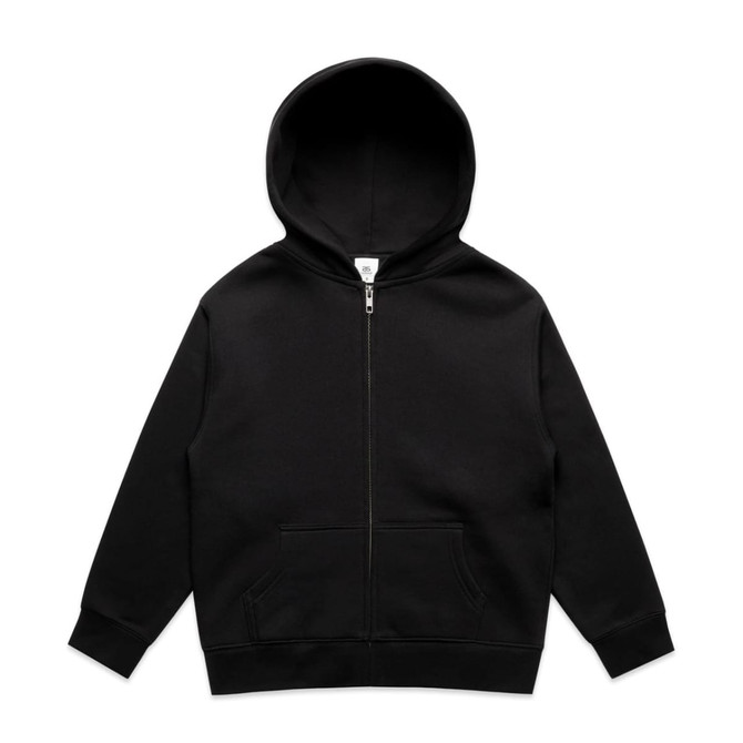 A black zip-up hoodie with a hood and front pockets, featuring a logo on the label.