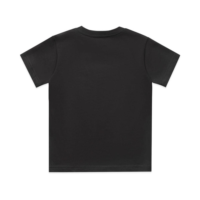 A black kids’ classic tee featuring a plain design and a standard t-shirt cut, with a logo on the back.