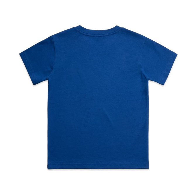 A blue classic kids' tee featuring a plain back design and short sleeves. It has a logo at the neck.