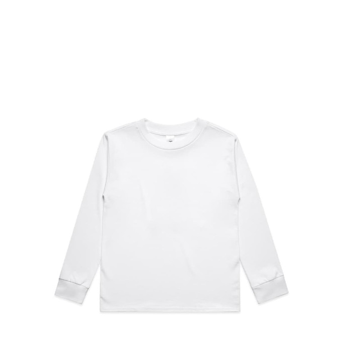A white long-sleeve t-shirt for kids featuring a simple design and a logo on the front.