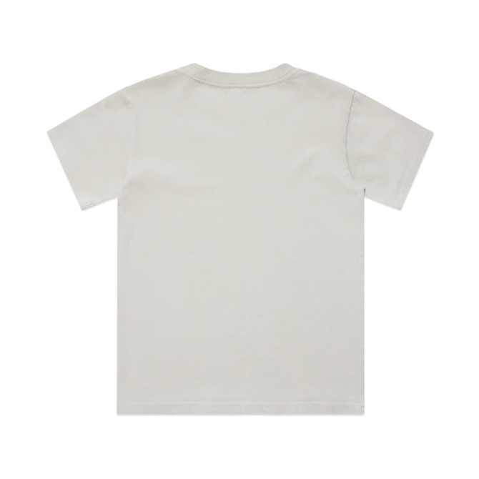 A light grey, short-sleeved kids' T-shirt with a plain back and a small logo on the side.