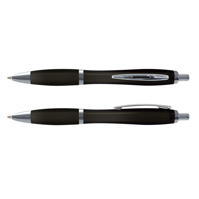 A pair of translucent black plastic pens with silver accents and clips, featuring a smooth design and sleek finish.