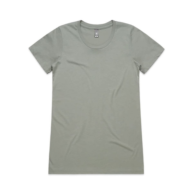 A light green women's t-shirt with a scoop neck and short sleeves. It features a brand logo.