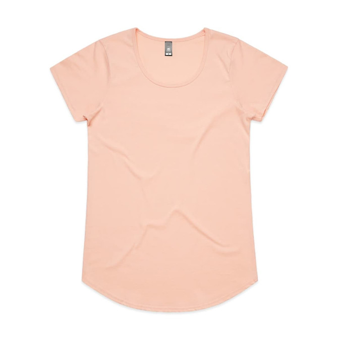 A light peach T-shirt with a scoop neck and short sleeves, featuring a branded label.