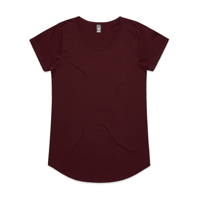 A burgundy short-sleeve T-shirt with a rounded neckline and a logo on the label.
