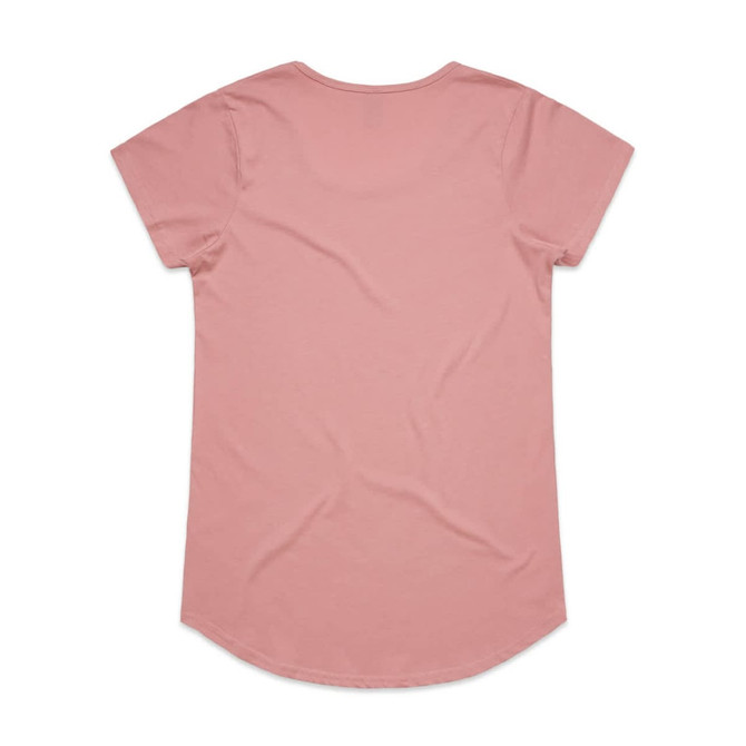 A pink T-shirt with a rounded hem and short sleeves. The back view shows a smooth, plain design.