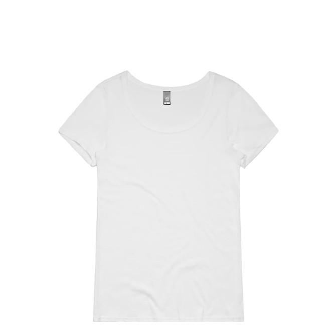 A white shallow scoop tee featuring a classic short-sleeve design and a branding logo on the label.