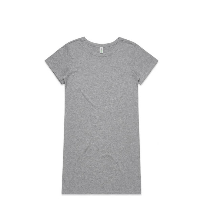 A grey organic short-sleeve dress with a simple design and round neckline. It features branding on the interior tag.