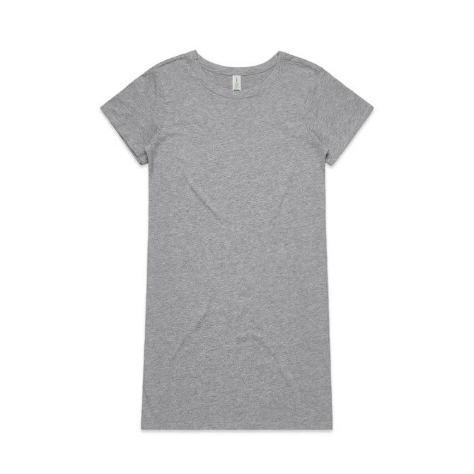 A grey organic short-sleeve dress with a simple, classic design and a logo.