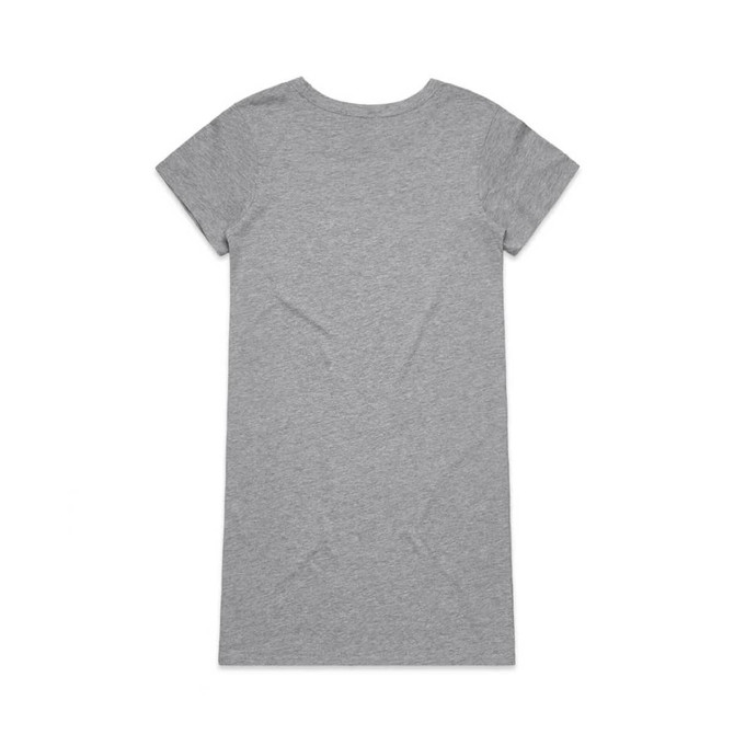A grey organic dress with short sleeves and a simple design, featuring a branding logo on the back.