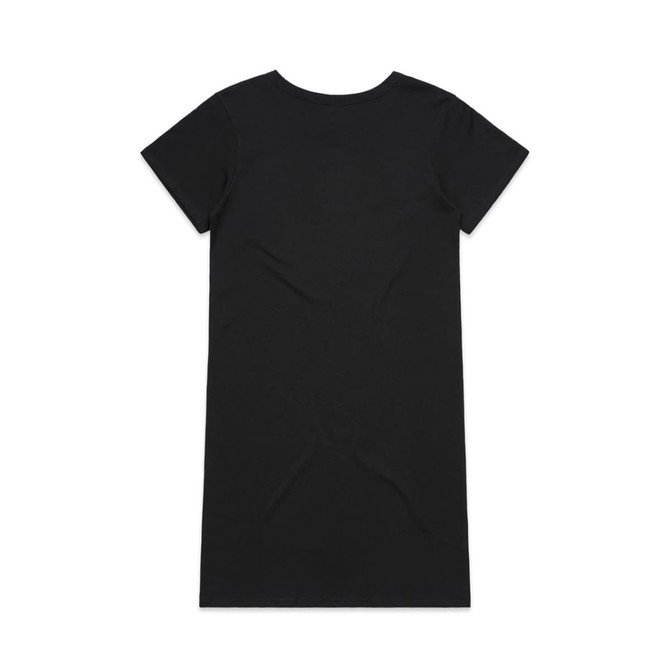 A black organic short-sleeve dress with a simple design and a round neckline, featuring a brand logo.