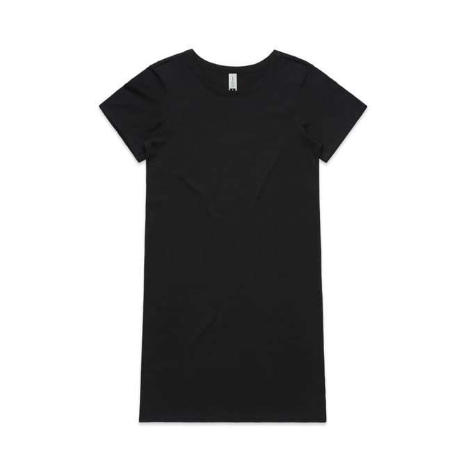 A black short sleeve dress displayed flat. The dress features a round neckline and a simple design. It includes a logo tag.