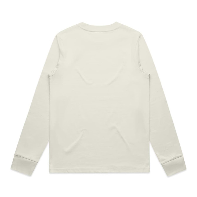A long-sleeve off-white t-shirt with a plain back and a subtle logo on the lower side.
