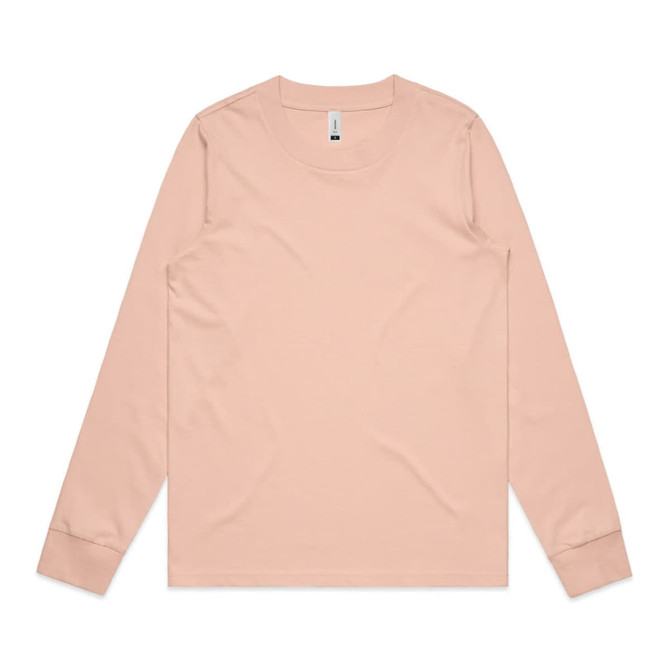 A long-sleeve T-shirt in a soft peach colour with a crew neck and a logo.