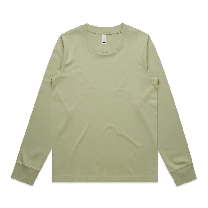 A long-sleeve T-shirt in a muted green colour with a crew neck and cuffed sleeves. Features a logo.