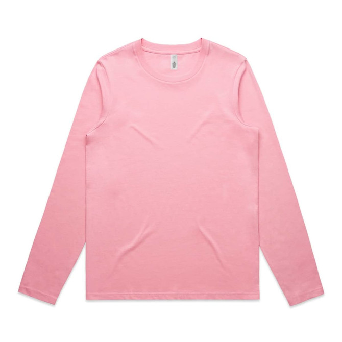 A pink long-sleeve T-shirt with a round neck and long sleeves, featuring a logo.