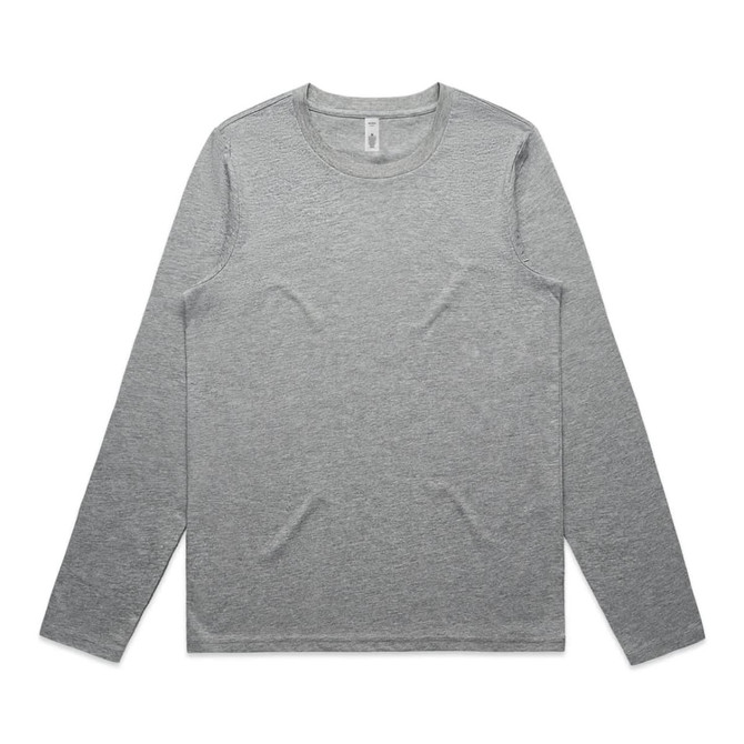 A grey long-sleeve t-shirt with a crew neckline and stitching details. The shirt features a small logo.