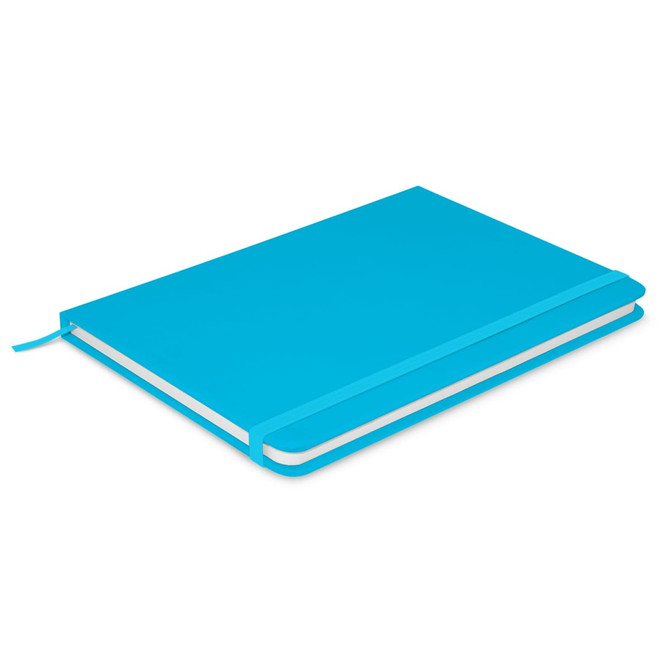 A turquoise notebook with a smooth cover, featuring a bookmark ribbon and elastic band closure.