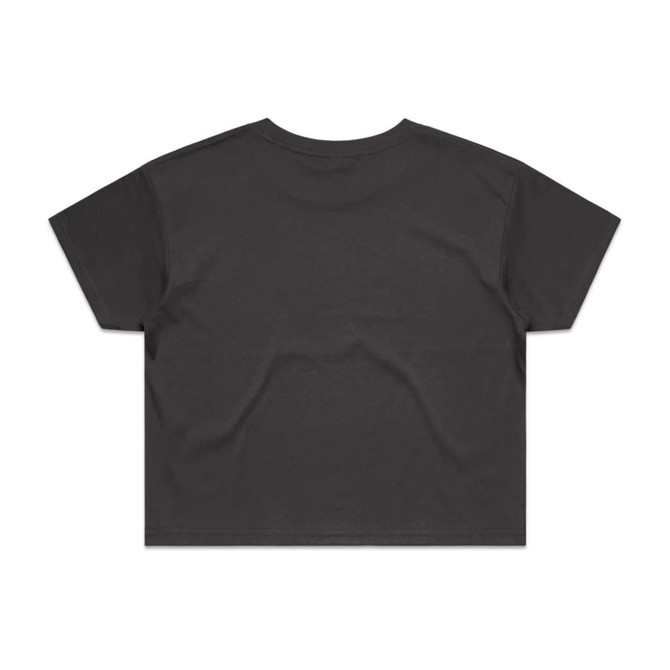 A black crop tee featuring a simple design and a branded logo. The back has a smooth, unadorned surface.