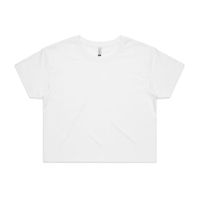 A white cropped t-shirt with a branding logo, featuring a relaxed fit and short sleeves.